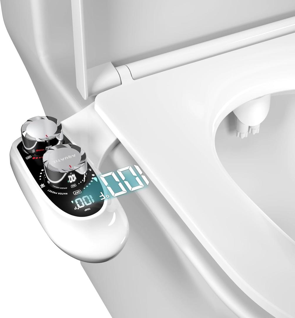 Non-Electric Bidet Attachment for Toilet Seat, Dual Temperature Rear and Feminine Wash, 7.9ft Hot Water Hose, Temperature Display