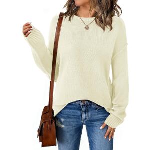 NALANISA Oversized Sweaters for Women Fall Fashion 2025 Casual Long Sleeve Crewneck Knit Cozy Lightweight Pullover Sweater Jumper Tops (White,S) (Beige, S)