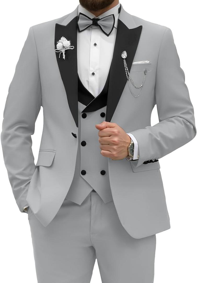 Wangyue Men's Tuxedo Suit 3 Piece Slim Fit Suit for Men Tuxedo for Men Wedding Party Dinner Prom (Large)