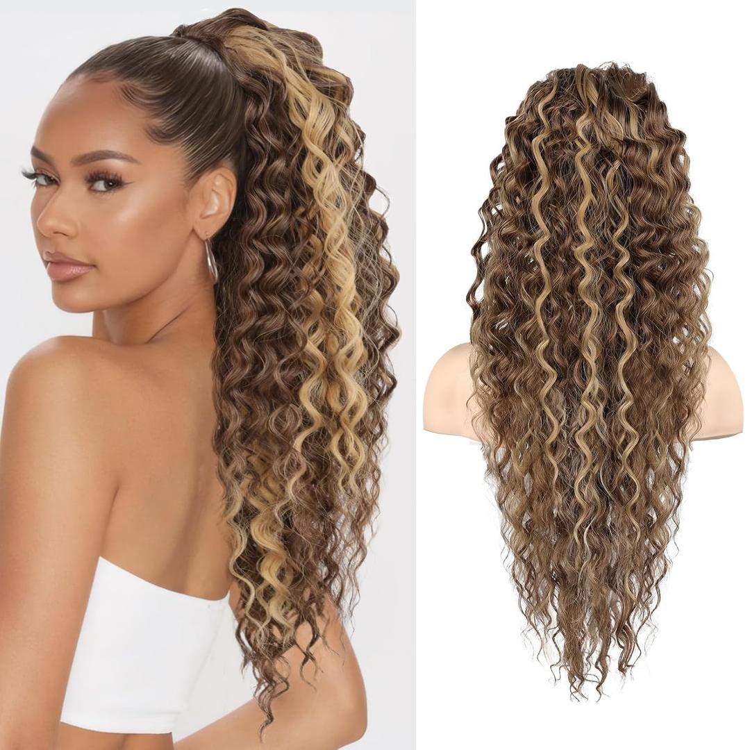 SEIKEA Ponytail Extension, PT005 Isabella 26" Long Bohemian Curly Drawstring Ponytail Light Fluffy Multi Layered Clip in Hair Extensions Ponytail Natural Soft Synthetic Hairpiece ChocolateBrown/Blonde