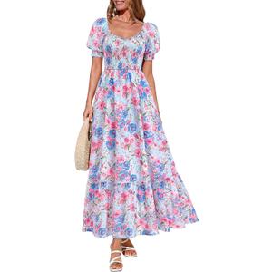 PRETTYGARDEN Women's Floral Boho Maxi Dresses Flowy Short Sleeve A Line Smocked Eyelet 2026 Summer Beach Vacation Clothes