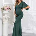 CYCLAMEN Maxi Maternity Dress Sparkly Baby Shower Semi Formal Wedding Guest V-Neck Handkerchief Sleeves Elegant Pregnancy, Sparkly Dark Peacock Blue, L