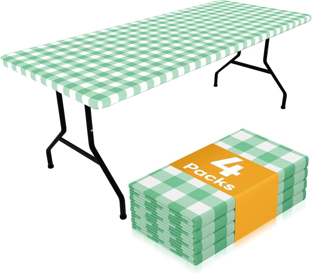 Smiry Picnic Table Cloth 4 Pack, Waterproof Elastic Fitted Tablecloths for 6FT Rectangle Tables, Washable Polyester Buffalo Plaid Tablecloth for Camping& Outdoor (Sage Green & White, 30" x 72")