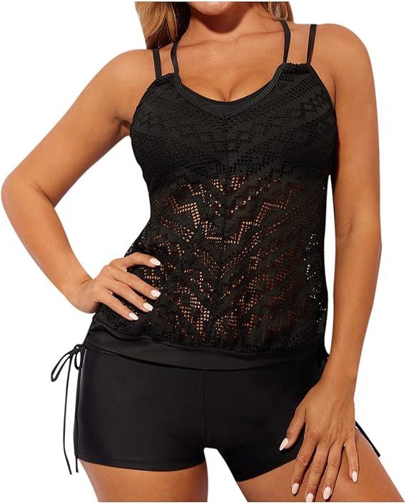 Women's Crochet Hollow Out Tankini Swimsuits 2 Piece Blouson Bathing Suit Sexy Lace Swimwear with Swim Shorts, Extra Large, Black 