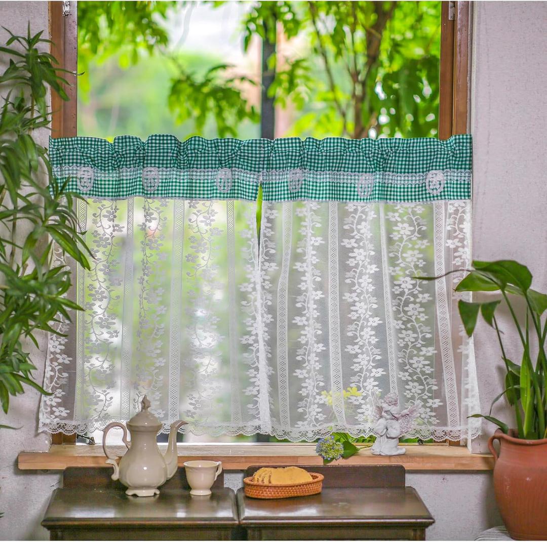 ARTMAGIC Farmhouse Kitchen Curtain 2 Panels Green Plaid with Floral Embroidery Lace Coffee Curtains Rod Pocket for Small Window Living Room Bedroom Bathroom(Green,2pcs,27"x36")