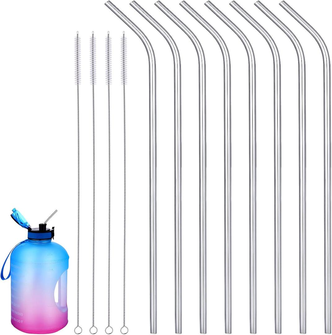 Geiserailie 8 Pieces 14 Inch Reusable Stainless Steel Straws Long Drinking Straws for 100 oz Tumblers, Extra with 4 Pieces Cleaning Brush(Silver)
