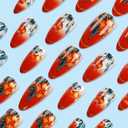 8 x IMSOHOT Press on Nails Medium Almond Fake Nails Red Orange Flower False Nails with Design Glossy Gradient Artificial Acrylic Full Cover Stick on Nails for Women Manicure