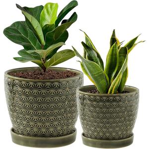 Plant Pots, Flower Pots, Planters for Indoor Plants (6.5 + 5.5inch), Flower Pots for Indoor Plant with Drainage Hole and Saucer, Ceramic Pots for Plants with Hole Mesh Pad, Reactive Glaze Green