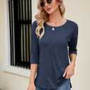 Kancystore Womens 3/4 Length Sleeve Tops Casual Loose Fit Tunic Shirts Crewneck Basic Tees (Blue)