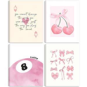 SEHSUVC Pink Coquette Y2K Lucky Wall Art Set of 4, Preppy Aesthetic Canvas Prints, Cherry Bows 8 Ball Ace Card Wall Decor for Girls Bedroom, Dorm, Vanity, for Home Decor 8x10in Framed