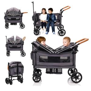 Wagon Stroller for 2 Kids & Cargo-Travel Push-Pull Double Lightweight Folding Stroller for Baby&Toddler with 5-Point Harness,Adjustable Handle Bar and Canopy,Tray Table,Cup Holder (Grey)