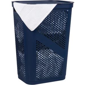 Mind Reader Slim Laundry Hamper with Lid, 60L Clothes Basket, Ventilated Plastic, Navy (Single)