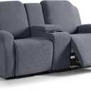 KinCam Loveseat Recliner Covers with Middle Console Slipcover, Recliner Sofa Covers 2 Seat Couch Cover Stripe Jacquard Furniture Protector Covers with Elastic Bottom for Kids, Pets (Medium Gray)