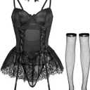 Foxiny Sexy Choker Corset Underwire Lace Sheer Garter Stockings Babydoll Lingerie Set with Thong 4 Piece Outfits Women Bustier Push Up See Through Matching Bra Panty Underwear Black, Medium