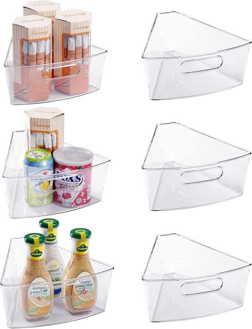 Oubonun Lazy Susan Organizers Set of 6, 12.8 x 11.7 x 4 Plastic Transparent Kitchen Cabinet Storage Bins with Handle, 4" Deep Container, 1/8 Wedge - Food Safe, without BPA