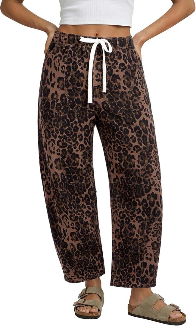 GRAPENT Barrel Jeans for Women Trendy High Waisted Pull On Wide Leg Cropped Leopard Cheetah Print Stretchy Denim Pants Size Large US 12 to 14