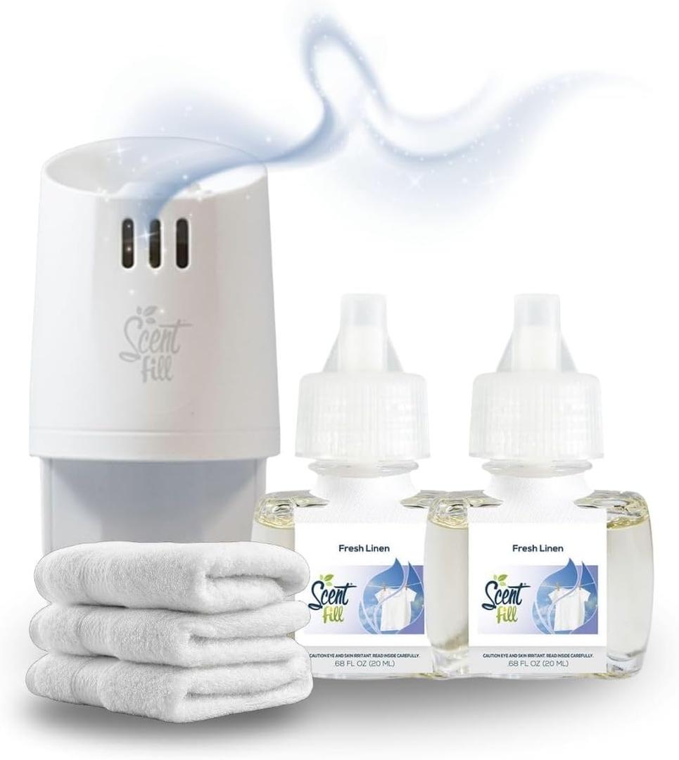 Scent Fill Fresh Linen Plug in Air Freshener, Scented Oil Refills, 2 Refills + Diffuser