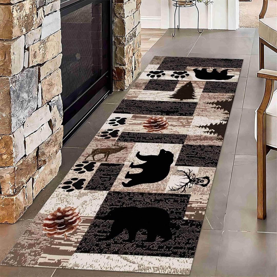 Rustic Lodge Runner Rug,2x7ft,Western Country Bear Elk Deer Wildlife Log Design,Forest Landscape Hunting Theme Rug,with Non Slip Backing Washable Rugs, Non Slip Pet Friendly Rug for Hallway (3)
