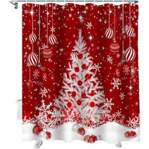 Vandarllin Red Christmas Shower Curtain, White Xmas Tree Snowflakes Red Balls Shower Curtains Set with Hooks, Winter Waterproof Fabric Bathroom Curtains Decor Home Accessories, 72 X 72 Inch Long
