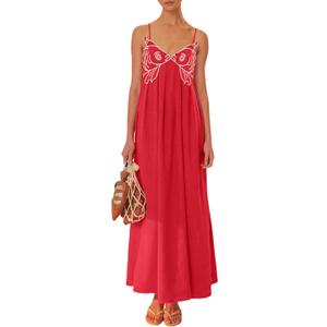 Women Koi Fish Long Cami Dress Y2k Embroidered Spaghetti Strap Flowy Maxi Dress Backless Summer Vacation Sundress (Large)