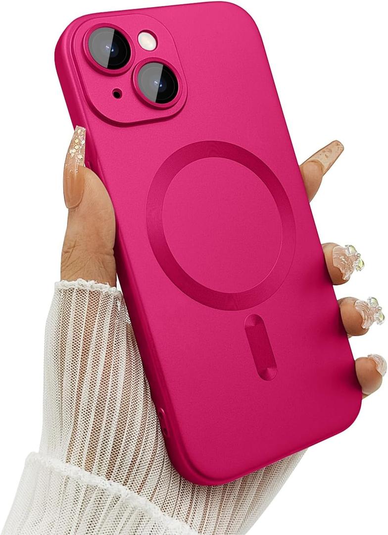 Magnetic case for iPhone 13 Phone Case for Women/Men, Matte Luxury Soft Metallic Luster Design with Camera Lens Protector, Compatible with Magsafe Case for iPhone 13 6.1"-Hot Pink
