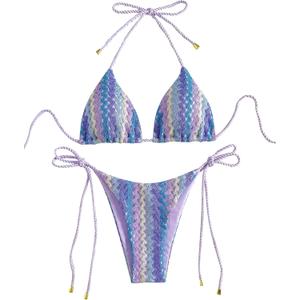 ZAFUL 2 Piece Triangle Bikini for Women Knitted Rope Halter Bikini Sets Sexy Bathing Suit Side Tie Swimsuits Beachwear (Medium, Purple)
