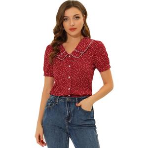 Allegra K Women's Vintage Polka Dots Peter Pan Collar Puff Short Sleeve Shirt Top (Large, Red)