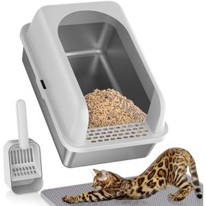 Stainless Steel Litter Box with Lid, Metal Litter Box with Cat Litter Mat,Extra Large Enclosed Cat Litter Boxes for Multiple Cats, Anti-Leakage,Non-Stick, Easy to Clean, Included Mat, Scoop (1 Pack-L)