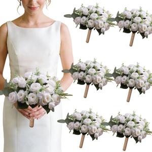 Ivory Bridesmaid Bouquet Set of 6, White Wedding Bouquets for Bridesmaids, 10 Inch Wedding Floral Arrangements Flowers Table Centerpieces Decor Artificial Flower Bouquet for Prom Party