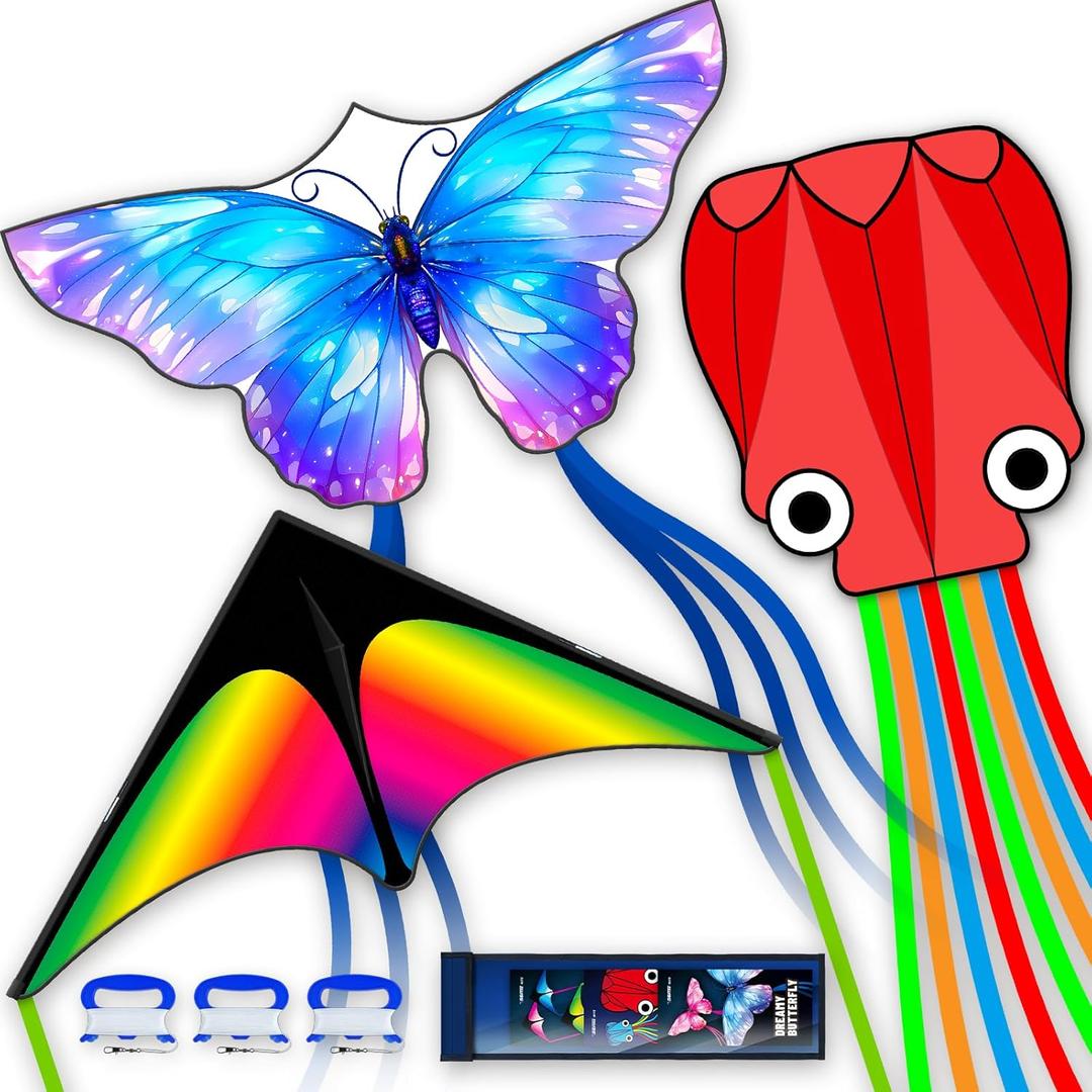 3 Piece Set Butterfly Delta Octopus Kites for Kids and AdultsEasy to Fly for Outdoor Adults Children Line Kite for Kids Toy (Gradient Grassland Rainbow+Octopus Red+Blue Dreamy Butterfly, 3)