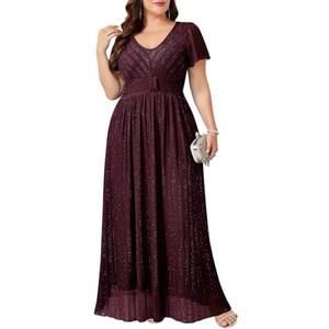 CYCLAMEN Plus Size Sparkly Formal Dress Lace Maxi V Neck Gala Prom Cocktail Evening Gown Wedding Guest, Burgundy, 0X