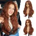 Dark Auburn Wig 26 Inch Curtain Bangs Wigs for Women Long Wavy Layered Synthetic Wig Pre Cut Lace Glueless Wear and Go Natural Hair Wigs for Daily Party/Halloween Use 26Inch