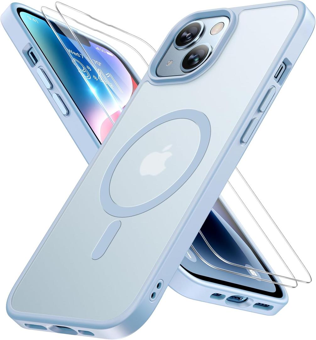 Miracase Magnetic for iPhone 14 Case 6.1 inch (Compatible with MagSafe)with 2X Screen Protectors Military-Grade Protection, Anti-Fingerprint Translucent Matte Phone Case Cover, Light Blue