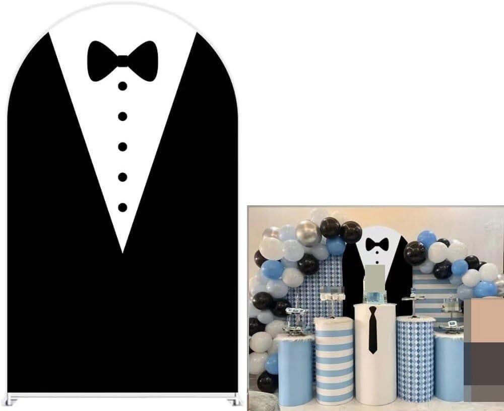 Black Tuxedo Bowtie Arch Fabric Covers Boss and Boy Baby Stretchy Arched Stand Backdrop Cover for Birthday Party Baby Shower Decoration Supplies(Only Cover) (Lx-gx-1924)