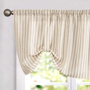 jinchan Tie Up Linen Textured Striped Bow Tie Curtain for Kitchen Bathroom Rod Pocket Pinstripe Valance Window Treatments Ticking Stripe Pull Cord Valance 1 Panel 18 Inch Tan on Beige