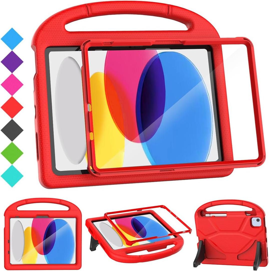 SUPLIK Kids Case for iPad A16 11-Inch 2025 (11th Gen) & iPad 10th Generation (10.9" 2022), Durable Shockproof Stand Cover with Screen Protector/Pencil Holder/Handle for Kids, Red