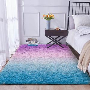 A Nice Night Shaggy Fluffy Faux Fur Area Rug, BluePurple Tie Dye Star Glitter Printed,Soft, Luxurious Carpet Rugs for Nursery Rug, Bedroom, Living Room, 5'x7'