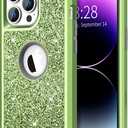 Hython for iPhone 14 Pro Max Case, Heavy Duty Full-Body Defender Protective Phone Cases Glitter Bling Sparkle Hard Shell Hybrid Shockproof/Drop Proof 3-Layer Military Rubber Bumper Cover Women, Green
