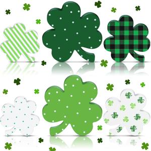 Wenqik 6 Pcs St. Patrick's Day Wooden Signs Irish Clover Shamrock Wooden Table Centerpiece Ornaments Decoration Green Farmhouse Wood St Patricks Day Tiered Tray Decor for Holiday Fireplace Home