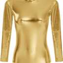 ODIZLI Women Shiny Metallic Long Sleeve Leotard Mock Turtleneck One Piece Bodysuit for Gymnastics Ballet Dance, 2XL