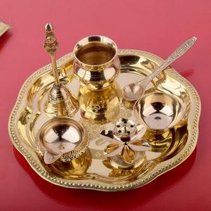 SATVIK 8.5 Inch Brass Puja Thali Set of 7 | Handcrafted Design for Divine Blessings | Ideal Housewarming Return Gift | Perfect for Festivals & Worship | Complete Puja Thali Set