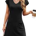 Summer Dresses for Women 2025 Casual V Neck Flutter Short Sleeve Mini Dress Beach T Shirt Sundress with Pockets (Black, L)