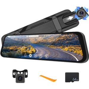 CAMECHO 9.66" Mirror Dash Cam Rear View Mirror Camera Front and Rear 1080P Backup Camera with 64GB Card, Touch Screen Dual Front and Rear Camera/Night Vision/G-Sensor/Parking Monitor/Loop Recording