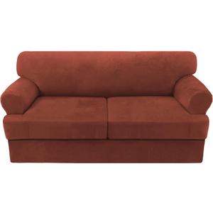 H.VERSAILTEX Sofa Cover 3 Piece T Cushion Loveseat Slipcovers Thick Velvet Couch Cover Stretch T Cushion Sofa Covers for 2 Cushion Couch with 2 Individual T Cushion Covers Washable, Rust