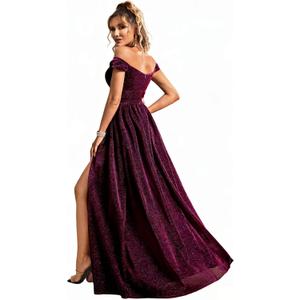 Women's Off the Shoulder Glitter Formal Evening Gown Built-in Bra with High Slit Sparkly Maxi Dress for Prom Wedding Burgundy Large
