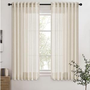 ANRODUO Ivory Back Tab Linen Curtains 72 inch Long for Living Room Semi Sheer Light Filtering Bedroom Privacy Curtain Neutral Rustic Cotton Textured Decor for Dining Room Office 2 Panel Set