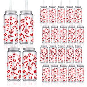 Whaline 20Pcs Christmas Candy Plastic Cups with Lids and Straws Clear Xmas Winter Party Drinking Cups Peppermint Candy Cane Reusable Tumblers for Holiday Party Supplies