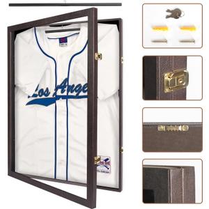 Jersey Display Frame Case Lockable, Large Sport Jersey Shadow Box with PU Covered Frame Acrylic and Hanger for Baseball Basketball Football Soccer Hockey Shirt and Uniform(Brown)  MK358B