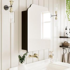 Victorian-Style Recessed Bathroom Medicine Cabinet, Wood Wall Cabinet with Curved Mirror, Bathroom Storage Cabinet, Black, 16.5x24 Inch (Right Swing-black) Victorian-Style Recessed Bathroom Medicine Cabinet, Wood Wall Cabinet with Curved Mirror, Bathroom Storage Cabinet, Black, 16.5x24 Inch (Right Swing-black)