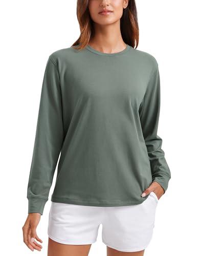 CRZ YOGA Pima Cotton Loose Long Sleeve Shirts for Women - Workout Yoga Casual Tops Crew Neck Loose Basic Soft Fall T-Shirt Grey Sage Medium